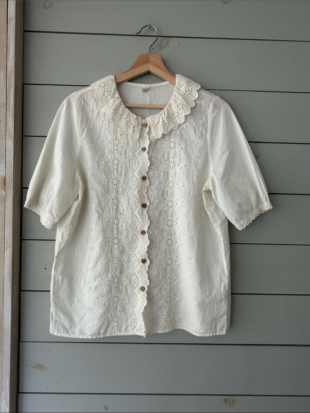 Vintage Cottagecore Eyelet Peter Pan Collar Cotton Blouse | M/L - Picture 1 of 4